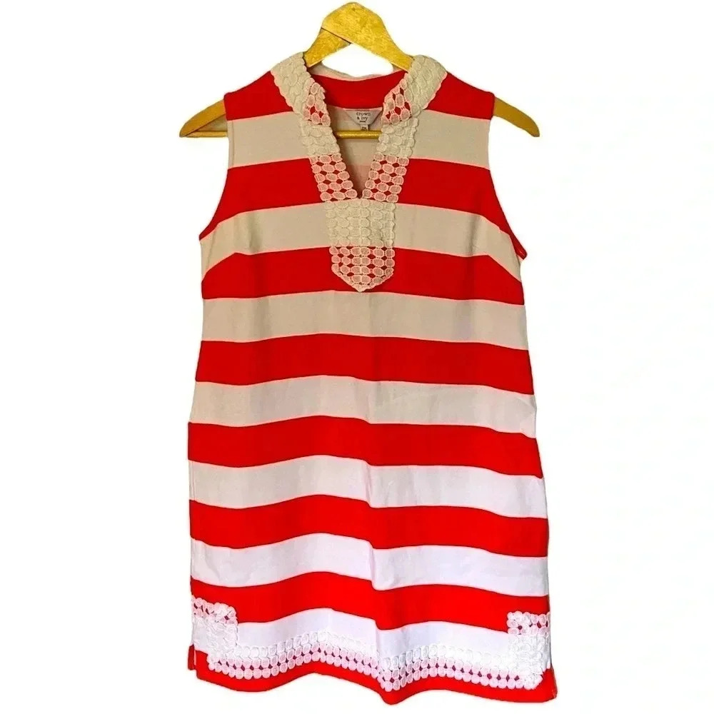 crown & ivy Red and White Striped Crochet-Trim Sleeveless Mini Dress